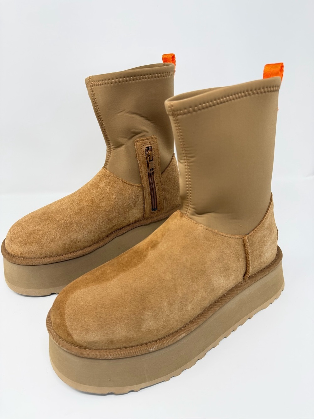 UGG Tan Platform Ankle Boots with Orange Pull Tabs